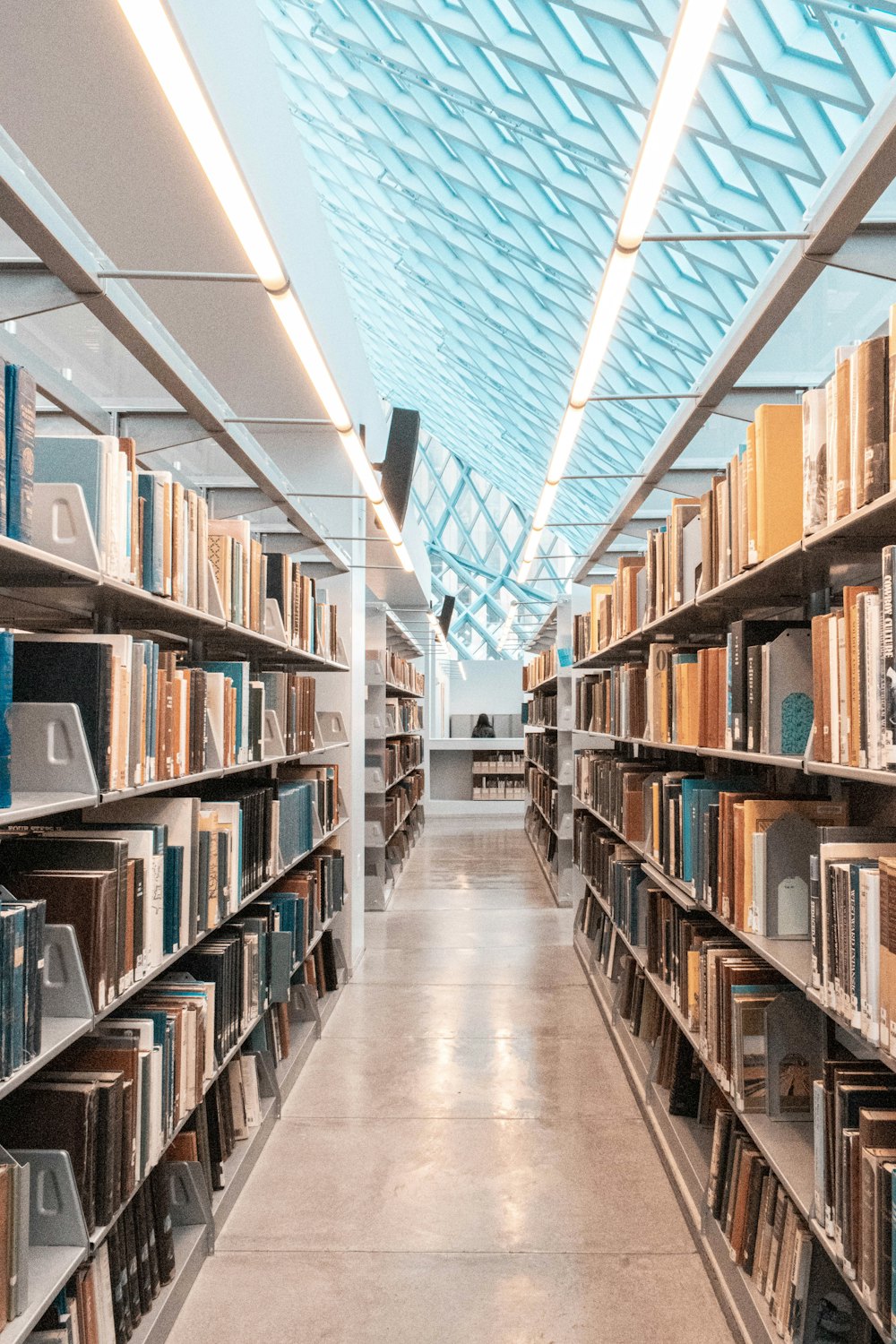 Biblioteca moderna com estantes de livros e luz natural